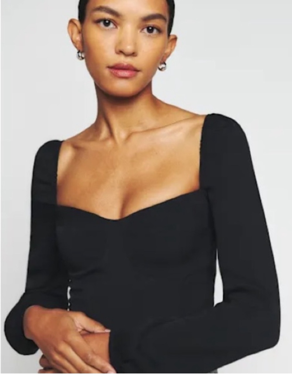 Reformation Reign Top Black Sweetheart Square-Neck Long Sleeve Top Size O
